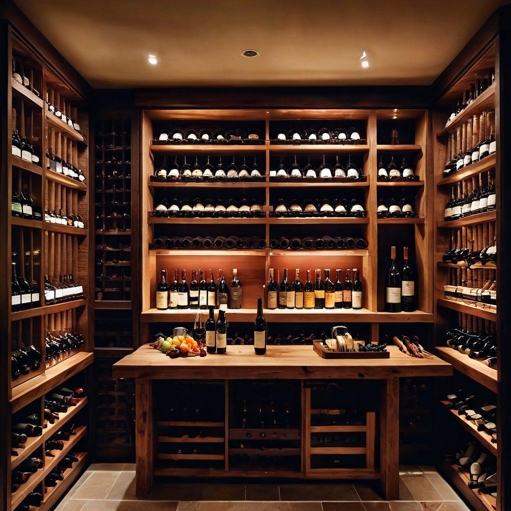 An elegant cellar featuring wooden wine racks filled with various wine bottles, accompanied by essential accessories like corkscrews, glassware, and wine coolers. Soft, ambient lighting enhances the warm tones of the wood and glass, creating a cozy atmosphere. Include a table set for a wine tasting with a selection of cheeses and fruits. super-realistic. warm colors. cozy ambiance.