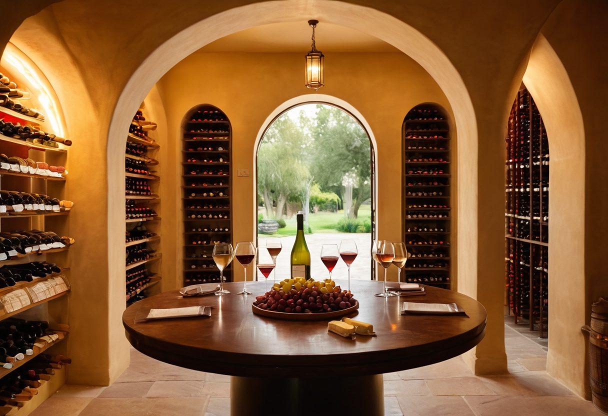A vibrant wine cellar filled with an array of red, white, and sparkling wine bottles, with soft ambient lighting casting a warm glow. In the foreground, a beautifully arranged wine tasting setup with elegant glasses and fragrant cheese platters, inviting the viewer to indulge in the experience. An inviting background of lush vineyards can be seen through an arched doorway, symbolizing the joy of wine appreciation. super-realistic. vibrant colors. warm lighting.