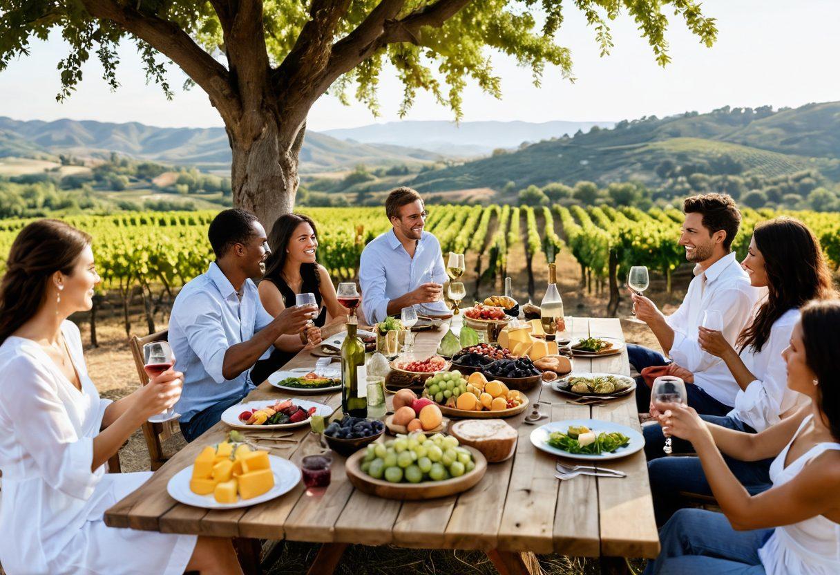 A cozy outdoor scene featuring a long wooden table adorned with various bottles of wine, elegant glasses, and a spread of gourmet cheeses and fruits. In the background, a lively group of diverse people clinking their glasses together, showcasing joy and connection. Lush vineyards and rolling hills can be seen, with warm sunlight creating a inviting atmosphere. Add whimsical decorations like fairy lights to enhance the festive mood. vibrant colors. super-realistic.